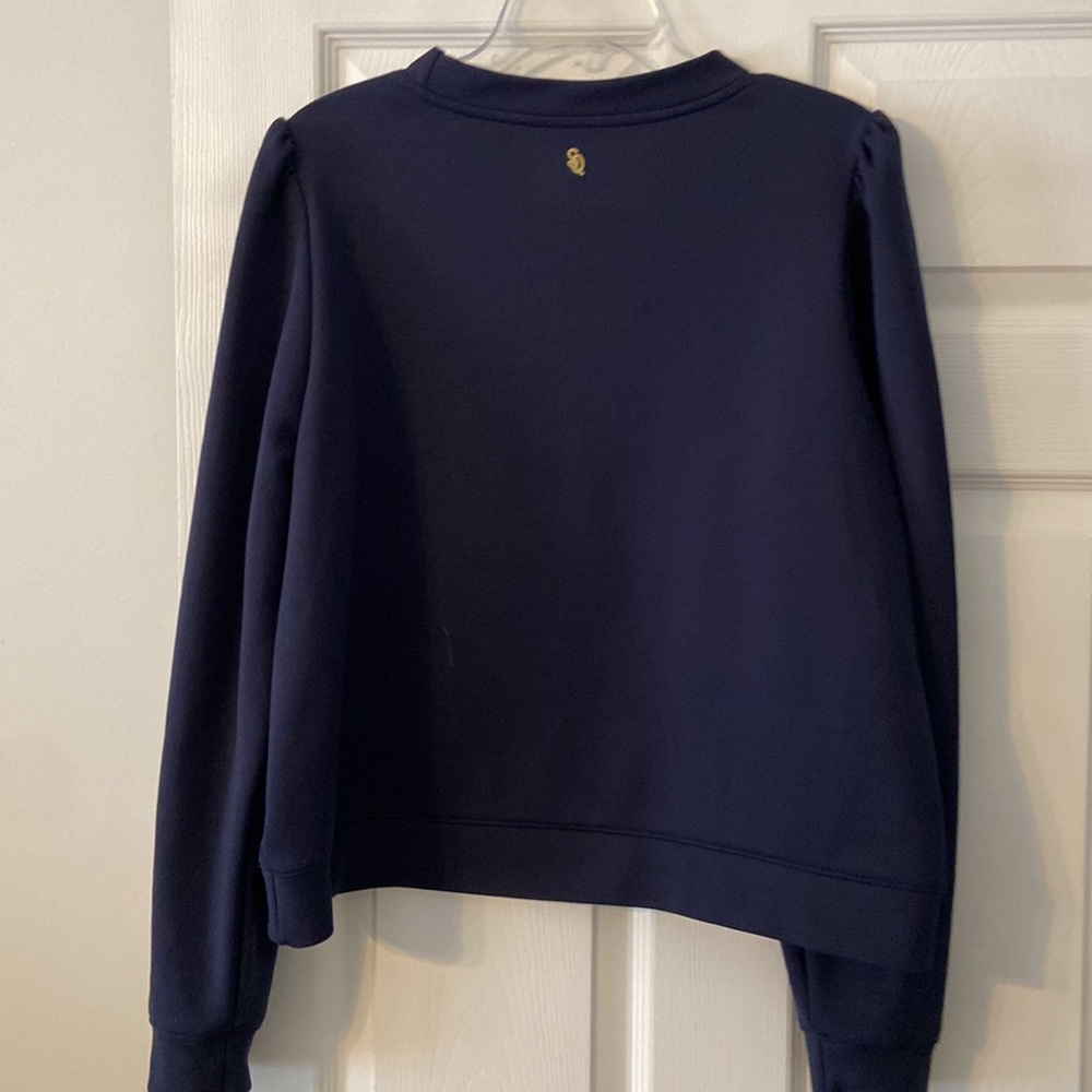 Chic Navy Crew Neck Sweater with Colorful Stripes - Picture 4 of 8